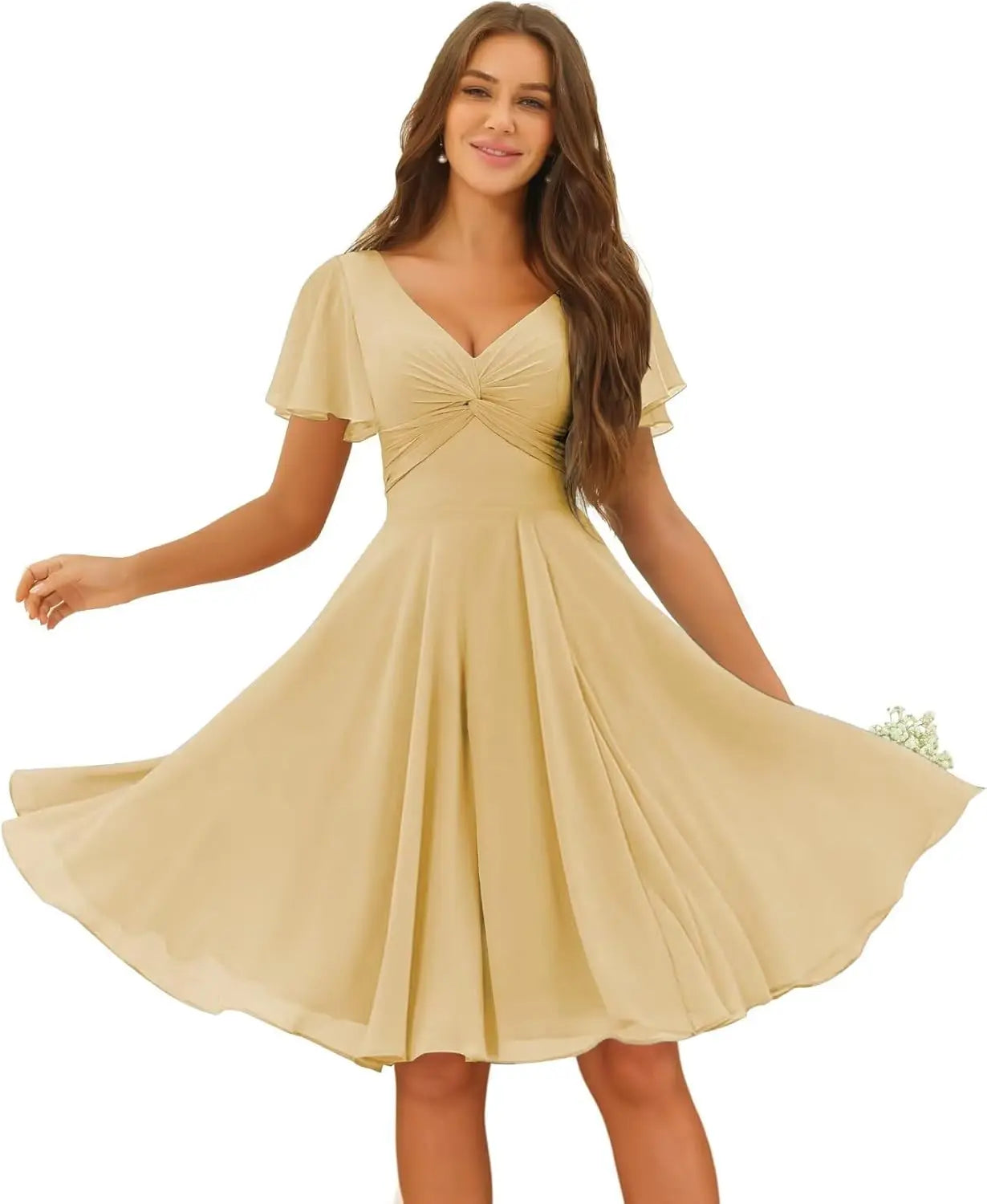 Women's Pleated Chiffon Flutter Sleeves Junior Bridesmaid Dresses with Pockets V Neck Short Formal Dress Wedding Party Gowns