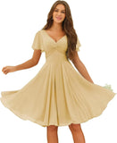 Women's Pleated Chiffon Flutter Sleeves Junior Bridesmaid Dresses with Pockets V Neck Short Formal Dress Wedding Party Gowns