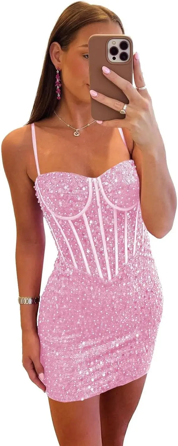 Vestidos de fiesta ajustados y cortos con lentejuelas brillantes para adolescentes, escote corazón y cuentas, vestidos de cóctel, vestidos de fiesta 