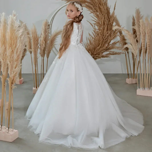 Vestidos de princesa para banquetes de fiesta de cumpleaños, vestidos de niña de las flores con apliques bordados de tul blanco y manga larga para boda 