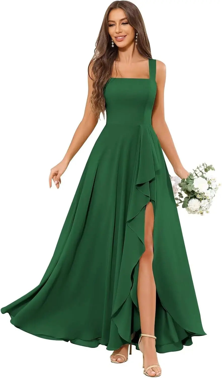 Chiffon Ruffle Bridesmaid Dresses for Women Square Neck Formal Evening Dress with Slit elegant dress women for wedding party