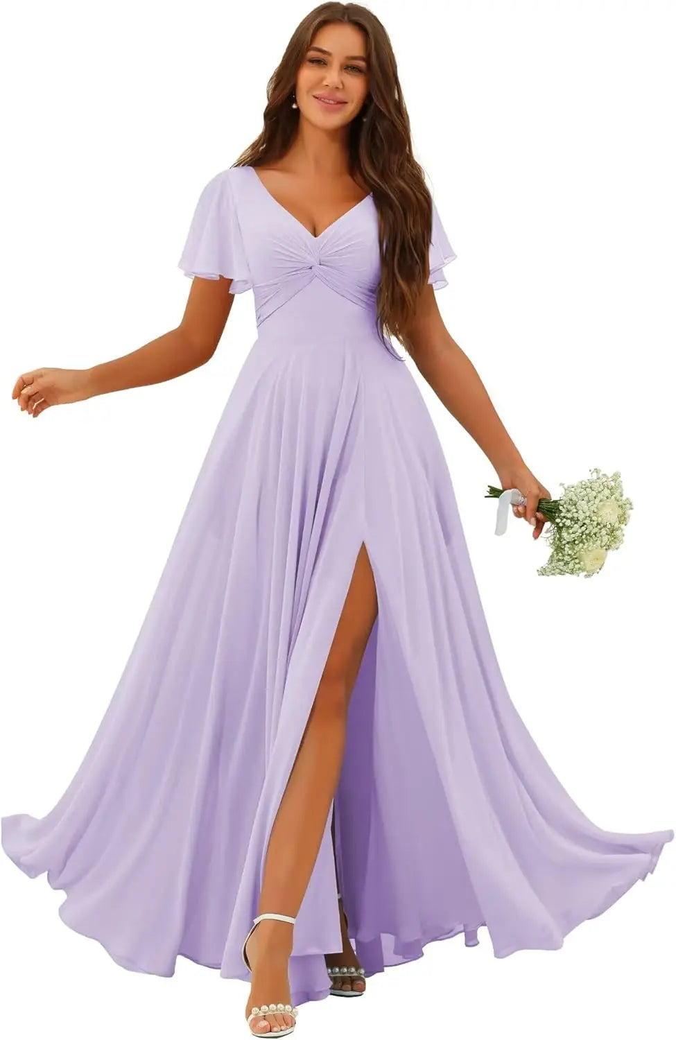 Custom Made Flutter Sleeves Split Bridesmaid Dresses with Slit Long V Neck Empire Waist Formal Evening Dress for Women Wedding
