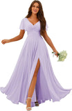 Custom Made Flutter Sleeves Split Bridesmaid Dresses with Slit Long V Neck Empire Waist Formal Evening Dress for Women Wedding