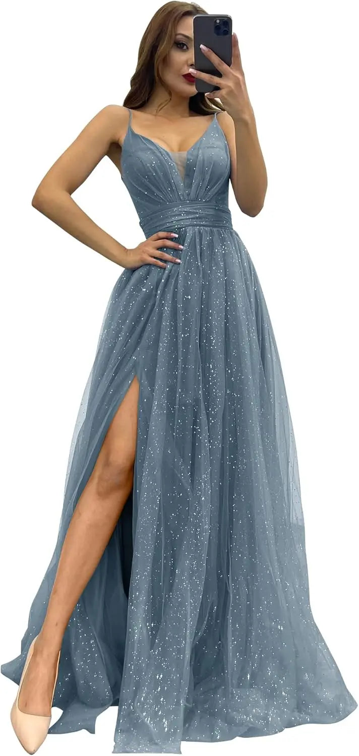 2025 Sparkly Tulle Formal Prom Dress Pleated A-Line Ball Gown with Spaghetti Straps Slit for Women Evening Dresses