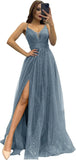2025 Sparkly Tulle Formal Prom Dress Pleated A-Line Ball Gown with Spaghetti Straps Slit for Women Evening Dresses
