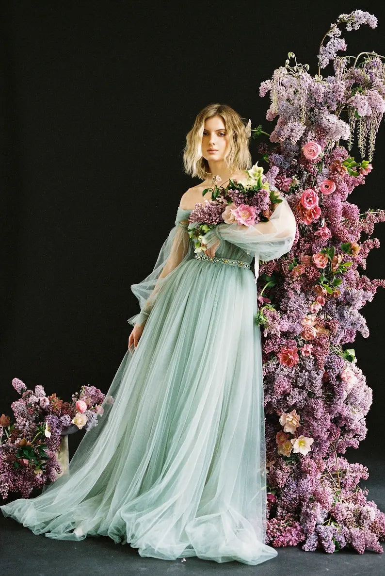 Sage green tulle wedding gown with detachable long puff sleeves Alternative full bridal dress party formal dress women evening