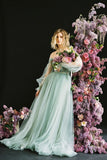 Sage green tulle wedding gown with detachable long puff sleeves Alternative full bridal dress party formal dress women evening