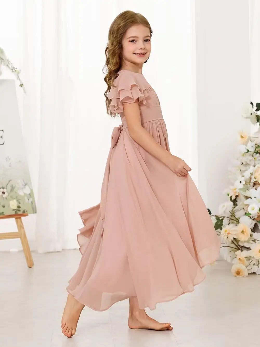 Flower Girl Maxi Dress for Wedding Bridesmaids Flowy Chiffon Teens Ruffle Sleeve Formal Party Pageant Gown princess dress