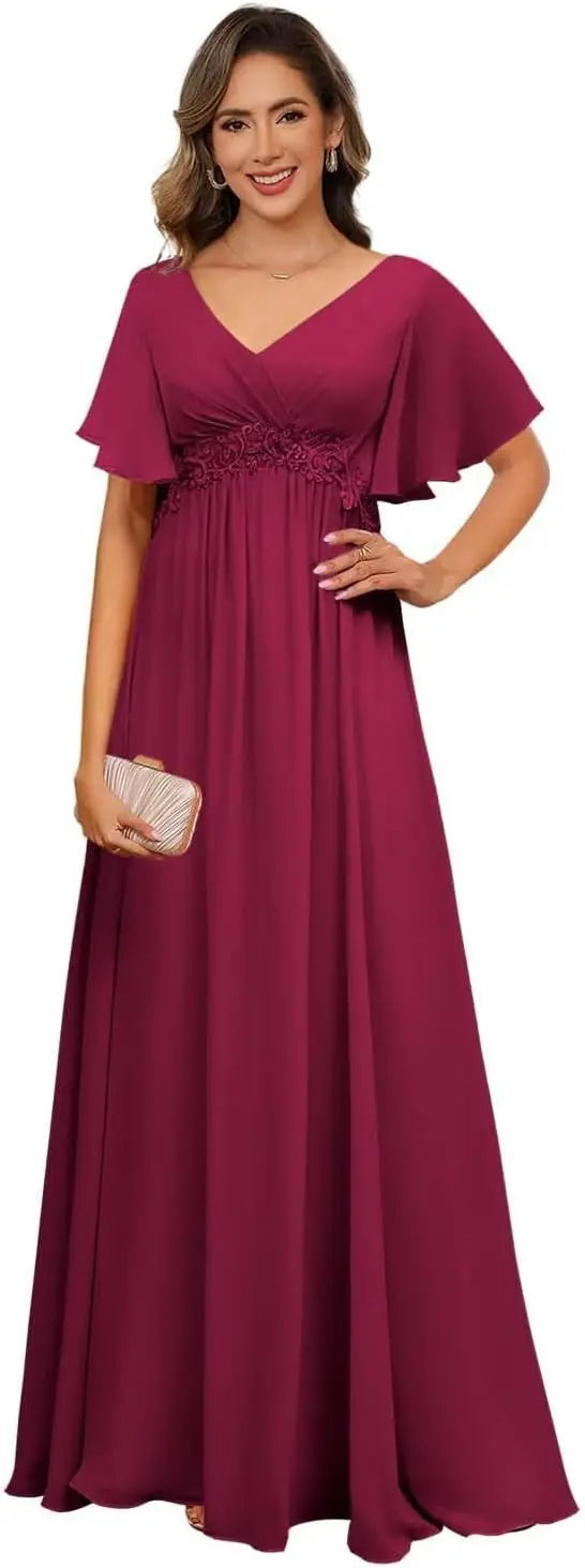 Plus Size Short Sleeves Mother of The Bride Dresses for Curvy Women V Neck Formal Dresses with Pockets Bridesmaid Dress Gowns