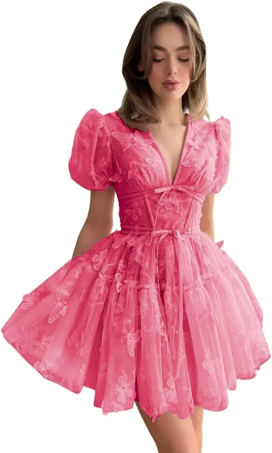 3D Butterfly Tulle Homecoming Dresses for Teens A-Line Short Sleeve Prom Cocktail Dress with Butterfly Appliques