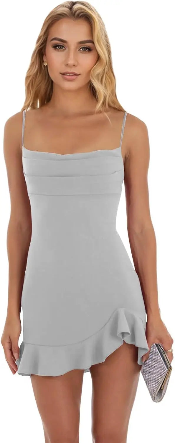 Vestidos cortos de fiesta ajustados para mujer, con tirantes finos y bajo con volantes, para cóctel y club. 