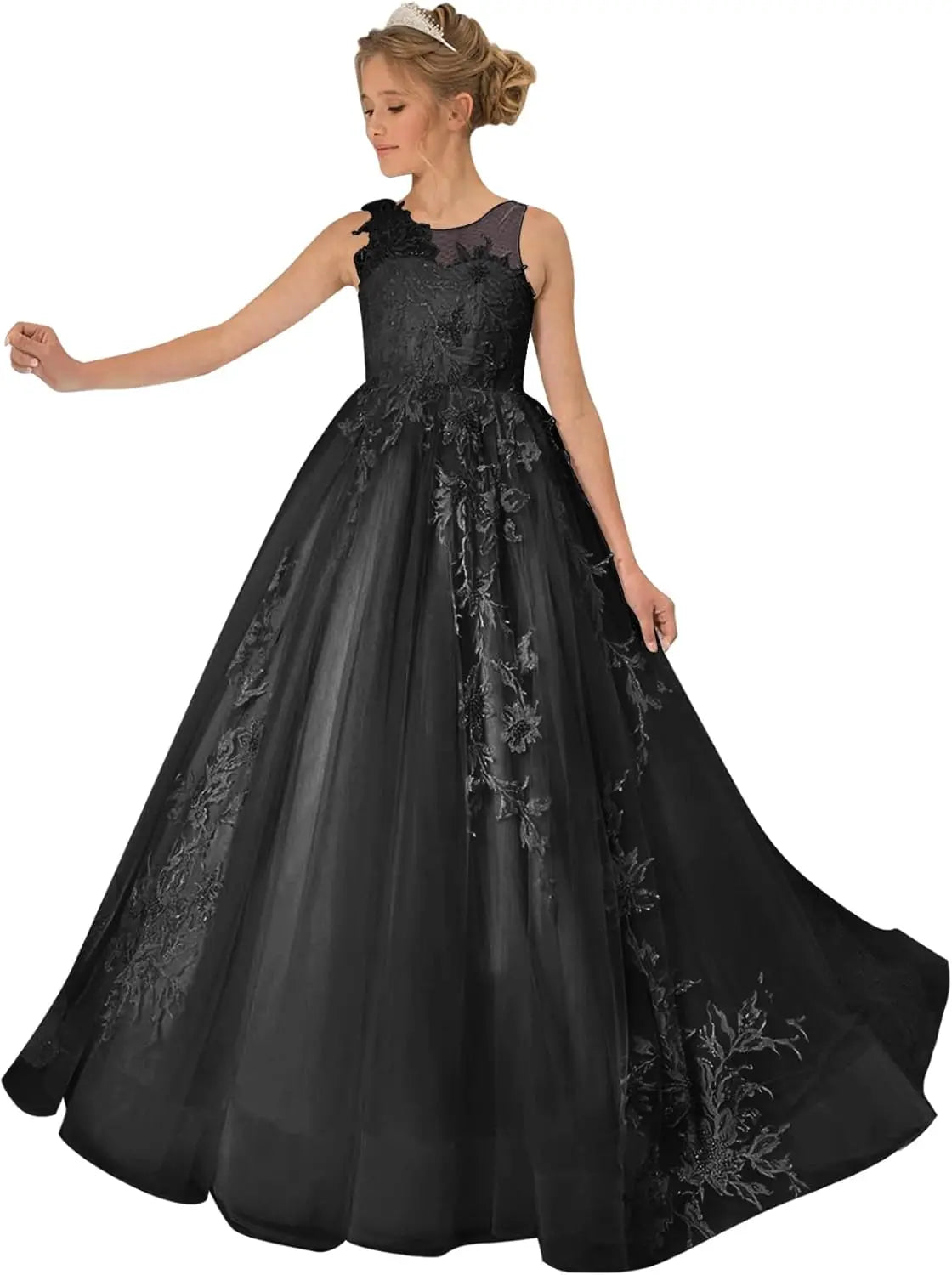 Princess Dress Tulle Lace Flower Girl Dress for Wedding Applique Princess Pageant Dress Long Party Ball Gown with Cape Sleeves