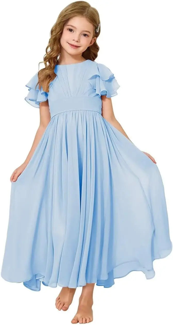 Flower Girl Maxi Dress for Wedding Bridesmaids Flowy Chiffon Teens Ruffle Sleeve Formal Party Pageant Gown princess dress
