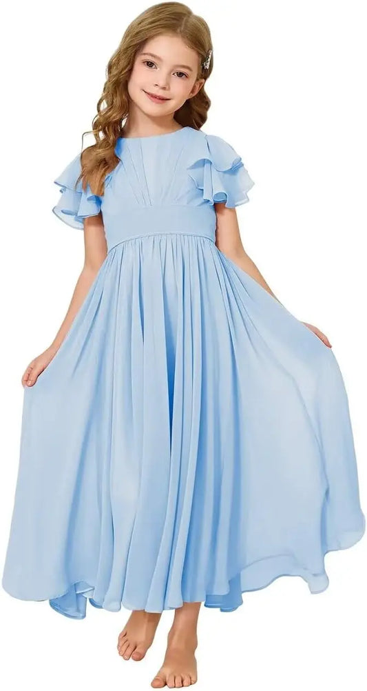 Vestido largo de niña de las flores para damas de honor de boda, de gasa fluida, con mangas con volantes para adolescentes, vestido formal para fiesta, desfile, vestido de princesa 