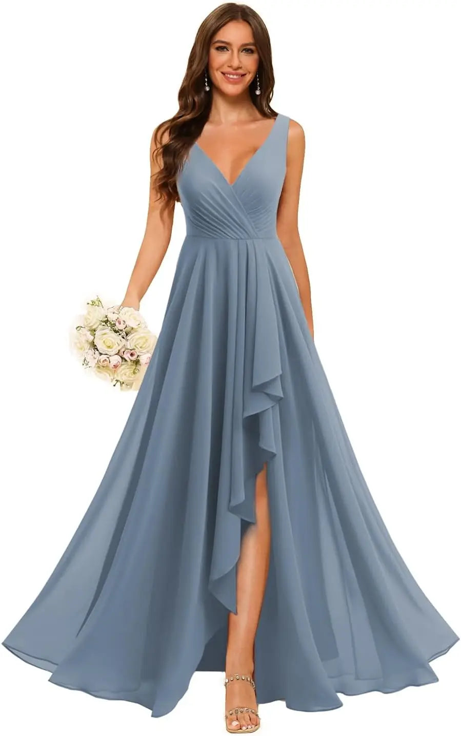 Women's V Neck Bridesmaid Dresses with Slit 2025 Chiffon A-line Formal Evening Gowns with Pockets bridesmaid dress for weddings