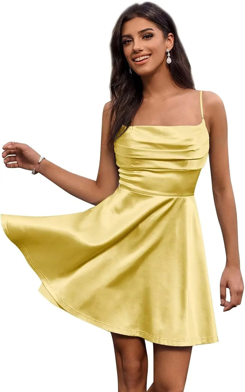 Satin Homecoming Kleider Kurze Spaghettiträger Ballkleid Wasserfallausschnitt A-Linie Cocktail Party Kleider Minikleid 