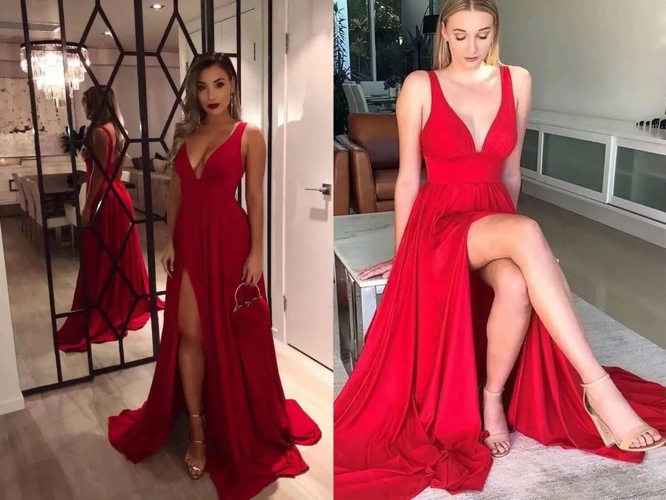 Elegant Women's Long Chiffon Bridesmaid Dresses Deep V-Neck Sleeveless Slit Formal Evening Party Gowns prom dresses