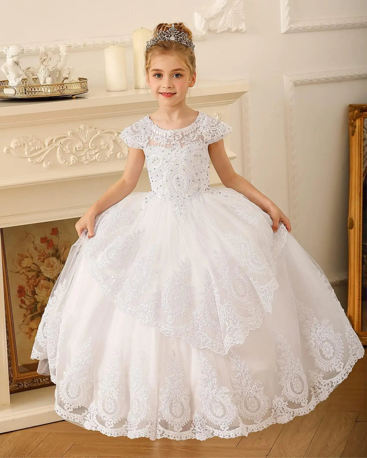 Perlenbesetzte Spitzenapplikationen Blumenmädchenkleid Erstkommunion Ballkleid Kinder Festzug Ballkleider Prinzessinnenkleid 