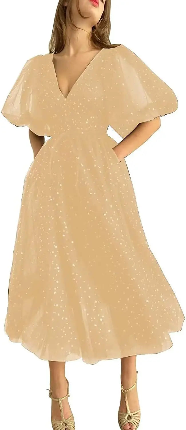 Vestidos de fiesta formales de noche largos de talla grande con mangas abullonadas de tul estrellado brillante para mujer con abertura 