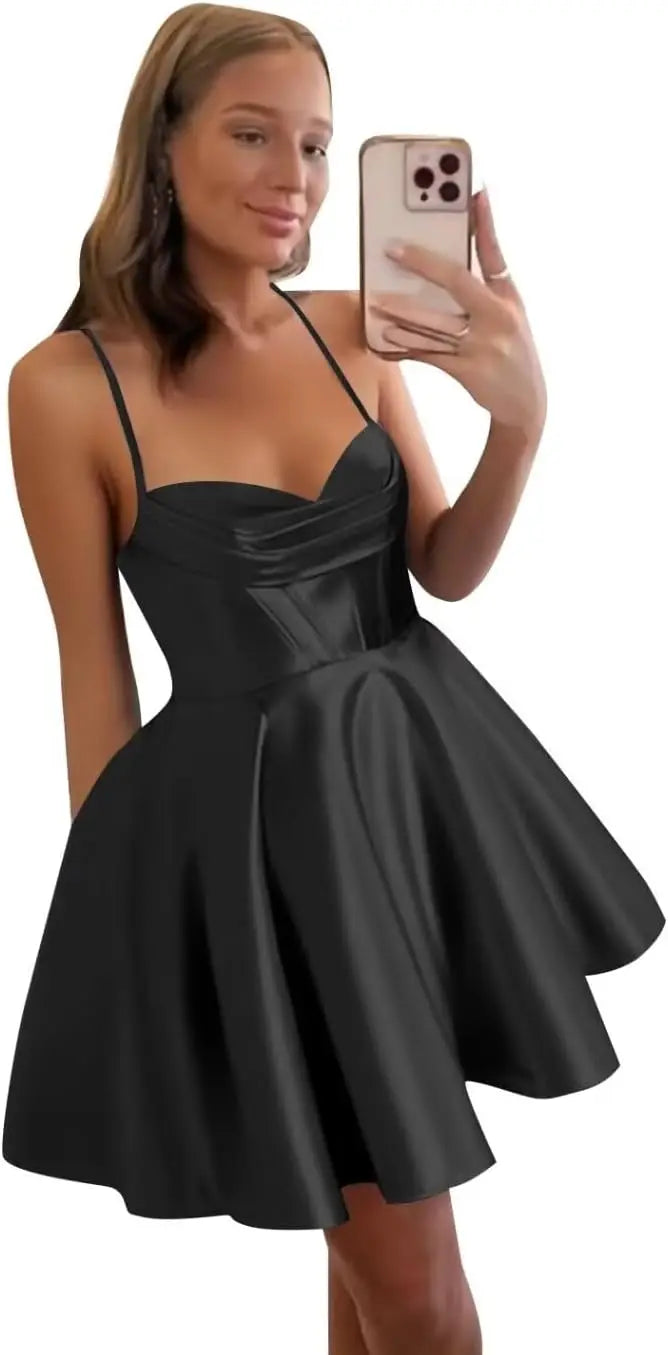 Spaghetti Straps Satin Homecoming Dresses for Women Short Halter Formal Prom Dresses with Pockets Graduation Mini Dress