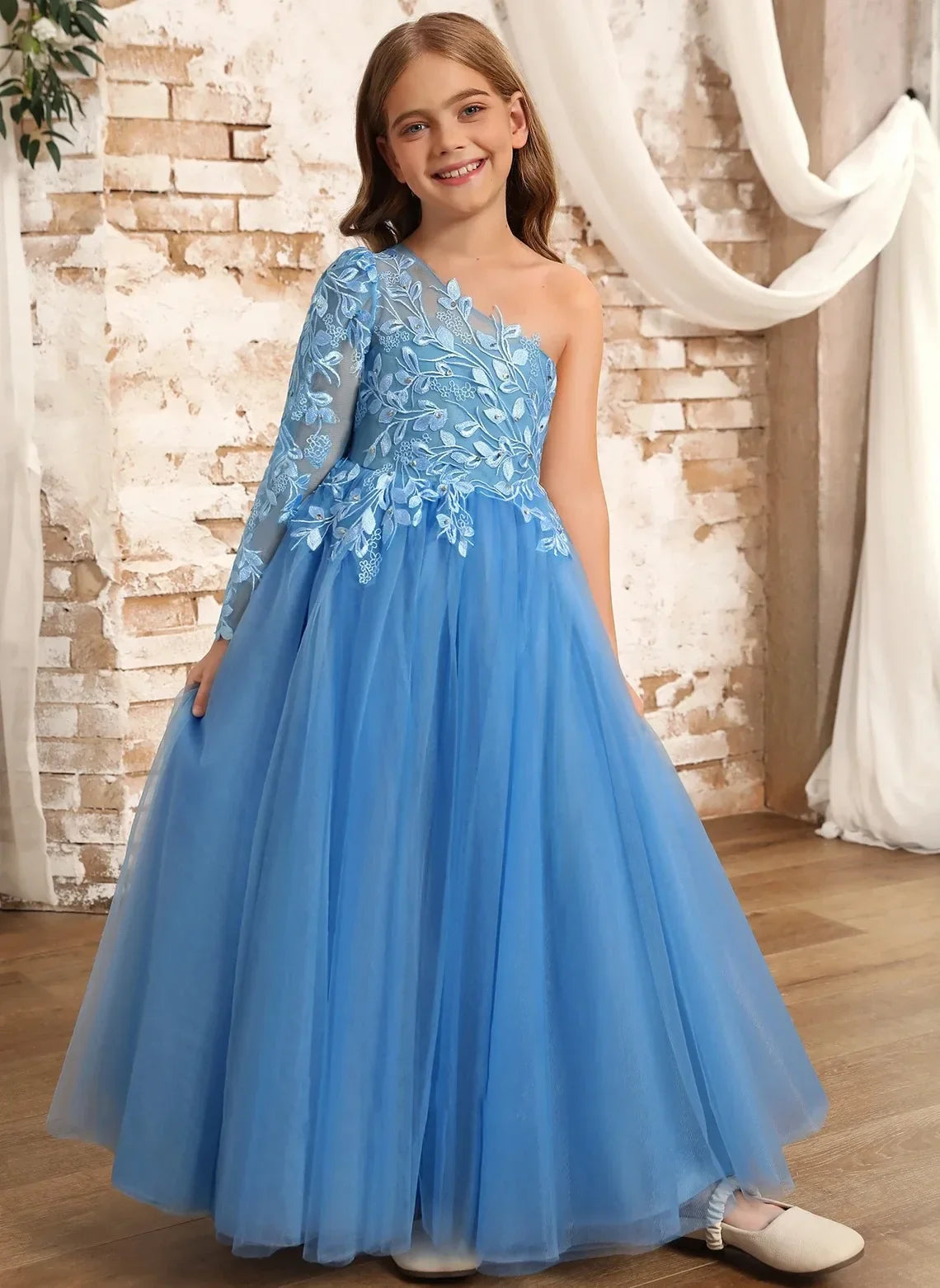 Vestidos de fiesta de cumpleaños para primera comunión infantil, vestidos de fiesta personalizados azules de un solo hombro para niña de las flores para boda princesa 