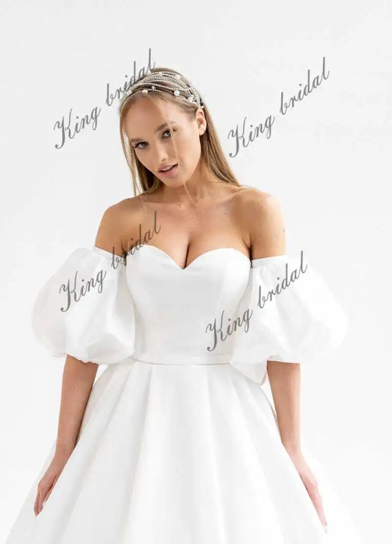 Vestido de novia de satén brillante, vestido de novia personalizado, vestido de novia con corsé y hombros descubiertos, vestido de novia con falda de burbuja 