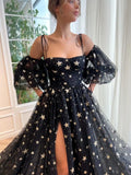 Sparkly Starry Tulle Prom Dresses for Women Slit Long Puffy Sleeve Glitter Star Formal Evening Party Gown Junior Bridesmaid Gown