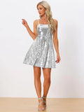 Vestido corto de fiesta con lentejuelas brillantes para mujer, sexy, con tirantes finos, sin mangas, para discoteca, graduación y baile de graduación. 