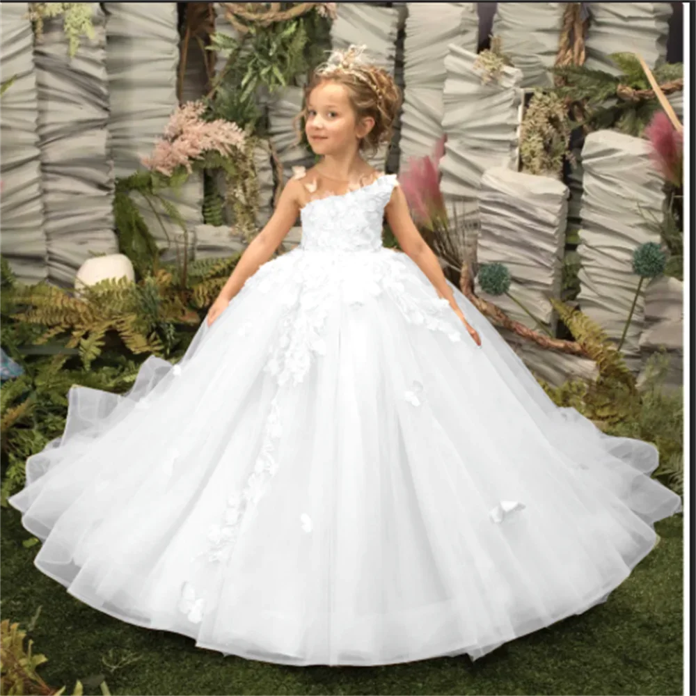 For Kids 3D Floral Butterfly Appliques Princess Communion Pageant Pink Sleeveless Flower Girl Dresses for Wedding Party Dress