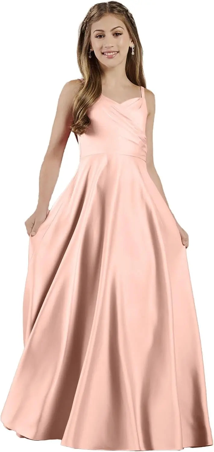Mädchen Träger Junior Brautjungfer Kleid für Hochzeit Satin Festzug Blumenmädchen Kleider Festzug für Teenager Prinzessin Kleid 