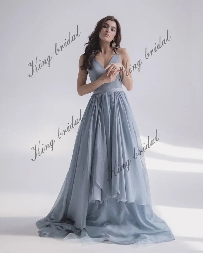 Silk blue and gray boning Chiffon wedding gown Modern wedding dress prom party dresses formal dress women elegant