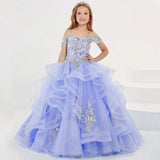 Vestidos de princesa sin mangas para bodas, fiestas de cumpleaños, banquetes, vestidos de niña de las flores, tul azul cielo, apliques florales plateados escalonados 
