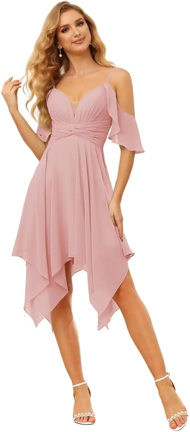 Women's Off Shoulder Chiffon Junior Bridesmaid Dresses Short Pockets Ruffle A Line Formal Dresses with Slit Wedding Party Gown