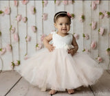 Vestido de princesa con tutú blanco marfil, rosa melocotón y encaje champán. Ideal para niñas de las flores, cumpleaños y fiestas. 