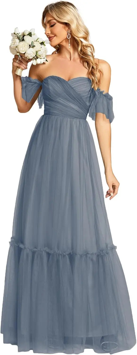 Women's Formal Dress Sweetheart Off-Shoulder Ruched Tulle Maxi Bridesmaid Dresses elegant dress women for wedding party