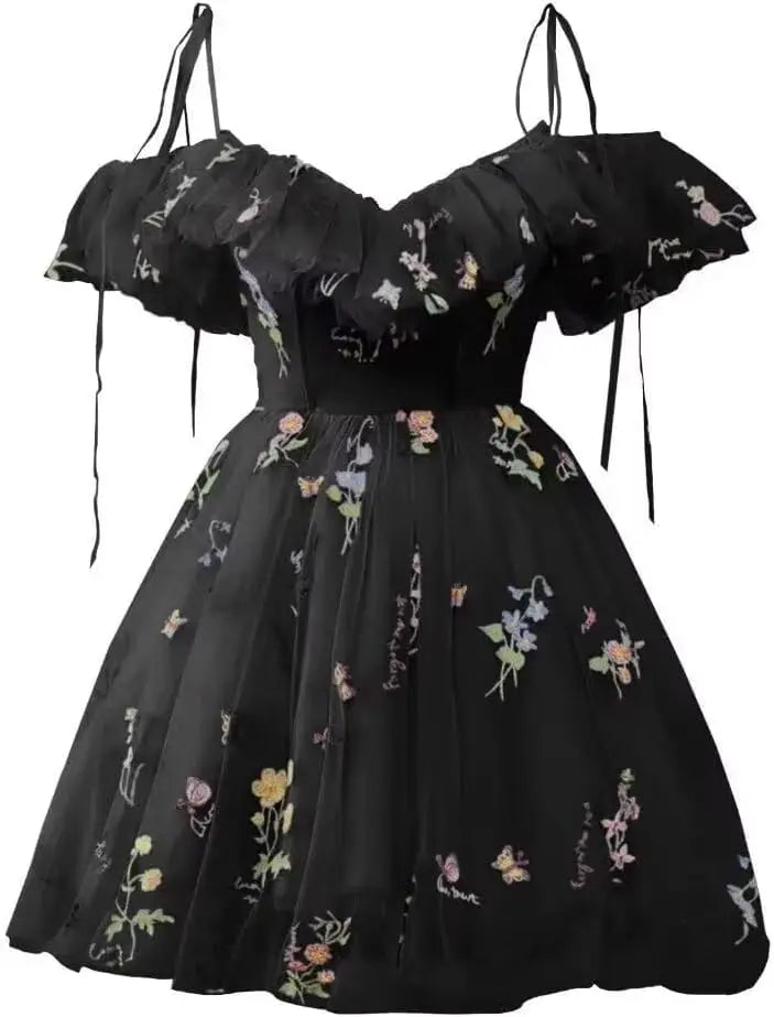 Blumenstickerei Tüll Kurze Heimkehrkleider für Teenager Mini Fee V-Ausschnitt Formales Abschlussball-Cocktailpartykleid 2025 
