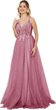 Vestidos de fiesta de tul con escote en V profundo para mujer, tirantes finos, apliques de encaje, vestidos de noche largos de corte A 