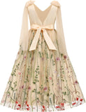 Flower Girl Maxi Dress Wedding Formal Bridesmaid Floral Embroidered Tulle Skirt Princess Pageant First Communion Gown