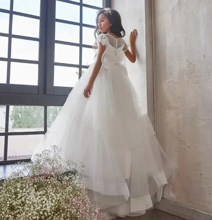 Kurze Ärmel Bodenlangen Geburtstagsfeier Erstkommunion Kleider Maßgeschneiderte Weiße Blumenmädchenkleider Festzugskleid für Hochzeit 