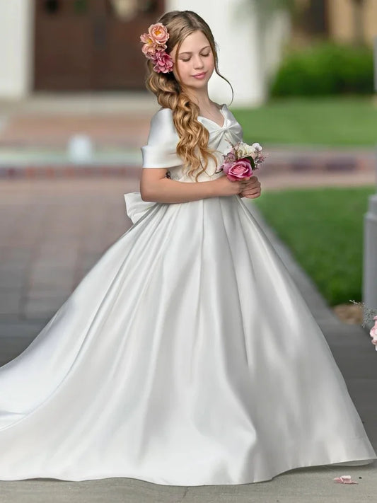 Vestido de satén blanco con lazo, manga corta, para boda, fiesta de cumpleaños, banquete, princesa, comunión, personalizado, para niña de las flores 