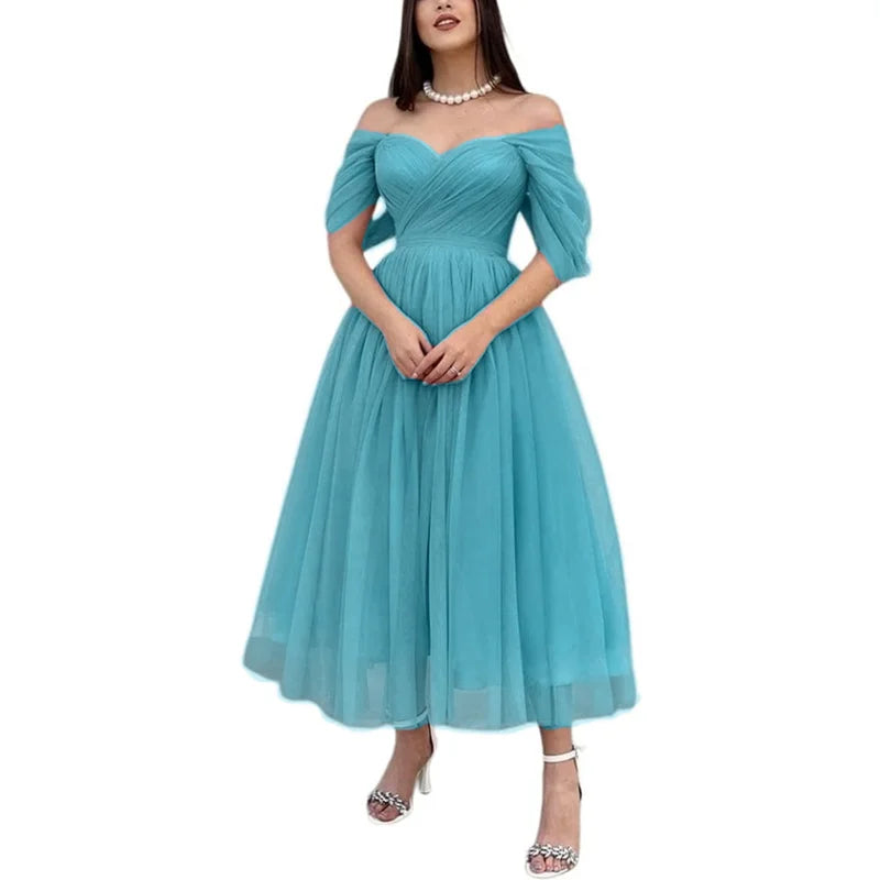 Tulle Sweetheart A-line Evening Dresses Off the Shoulder Tea-Length Formal Dress With Pleats & Bow Elegant Lace Up Prom Gowns