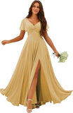 Custom Made Flutter Sleeves Split Bridesmaid Dresses with Slit Long V Neck Empire Waist Formal Evening Dress for Women Wedding