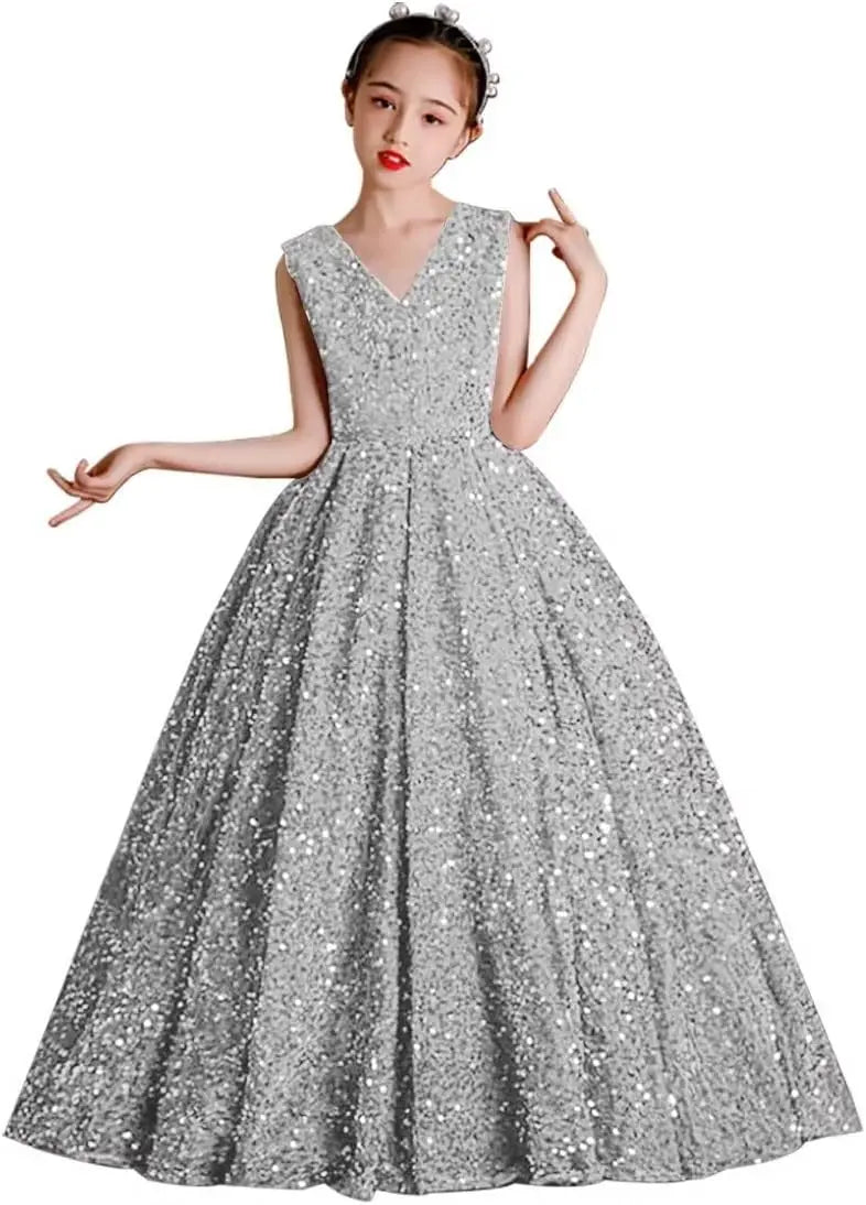 Vestidos de desfile con lentejuelas y cuello en V para niñas, vestidos de baile brillantes para niñas de las flores, vestidos de princesa para niñas pequeñas, vestido de comunión 
