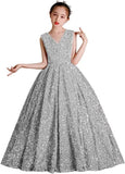 Vestidos de desfile con lentejuelas y cuello en V para niñas, vestidos de baile brillantes para niñas de las flores, vestidos de princesa para niñas pequeñas, vestido de comunión 