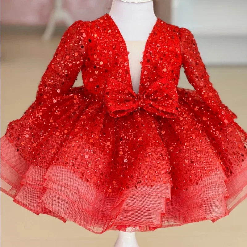 Bonitos vestidos de princesa para fiesta de bodas, personalizados, de organza brillante con lentejuelas y lazo, para niña de las flores. 
