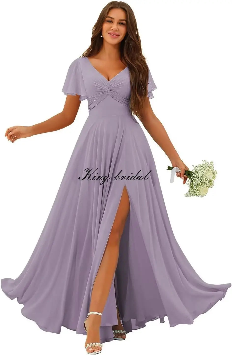 Custom Made Flutter Sleeves Split Bridesmaid Dresses with Slit Long V Neck Empire Waist Formal Evening Dress for Women Wedding