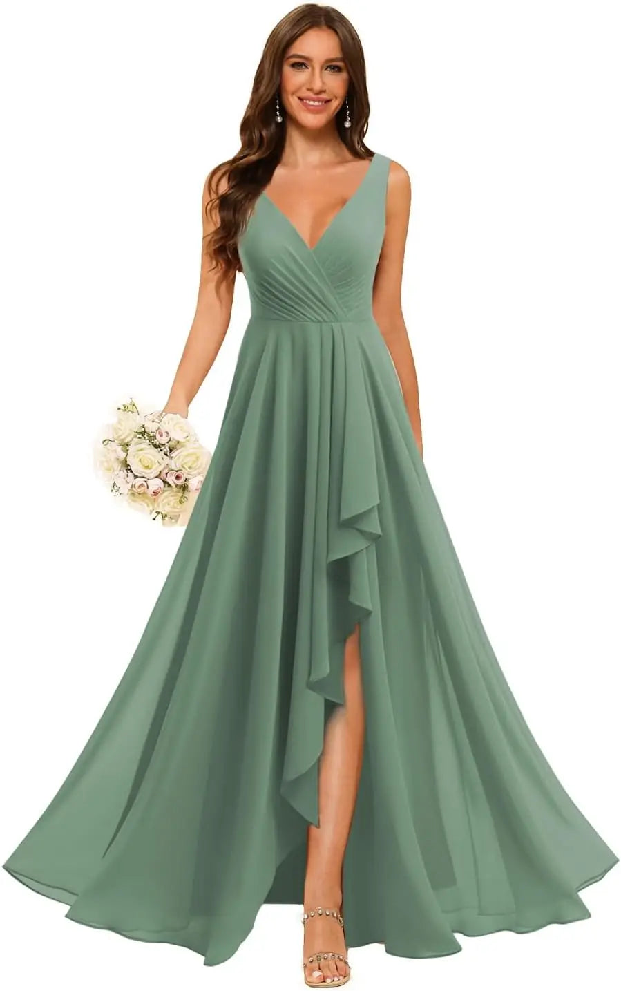 Women's V Neck Bridesmaid Dresses with Slit 2025 Chiffon A-line Formal Evening Gowns with Pockets bridesmaid dress for weddings