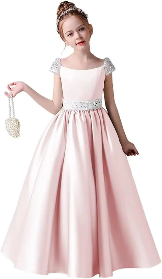 Vestidos de desfile para niñas, vestido de satén para niñas de flores, mangas cortas, vestido de baile con lentejuelas, vestido de princesa para fiesta de cumpleaños, vestido de desfile para niñas 
