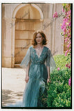 Voluminous tulle bridal Pale blue sleeves wedding dress Fairy hand embroidered  formal dress women elegant evening party dresses