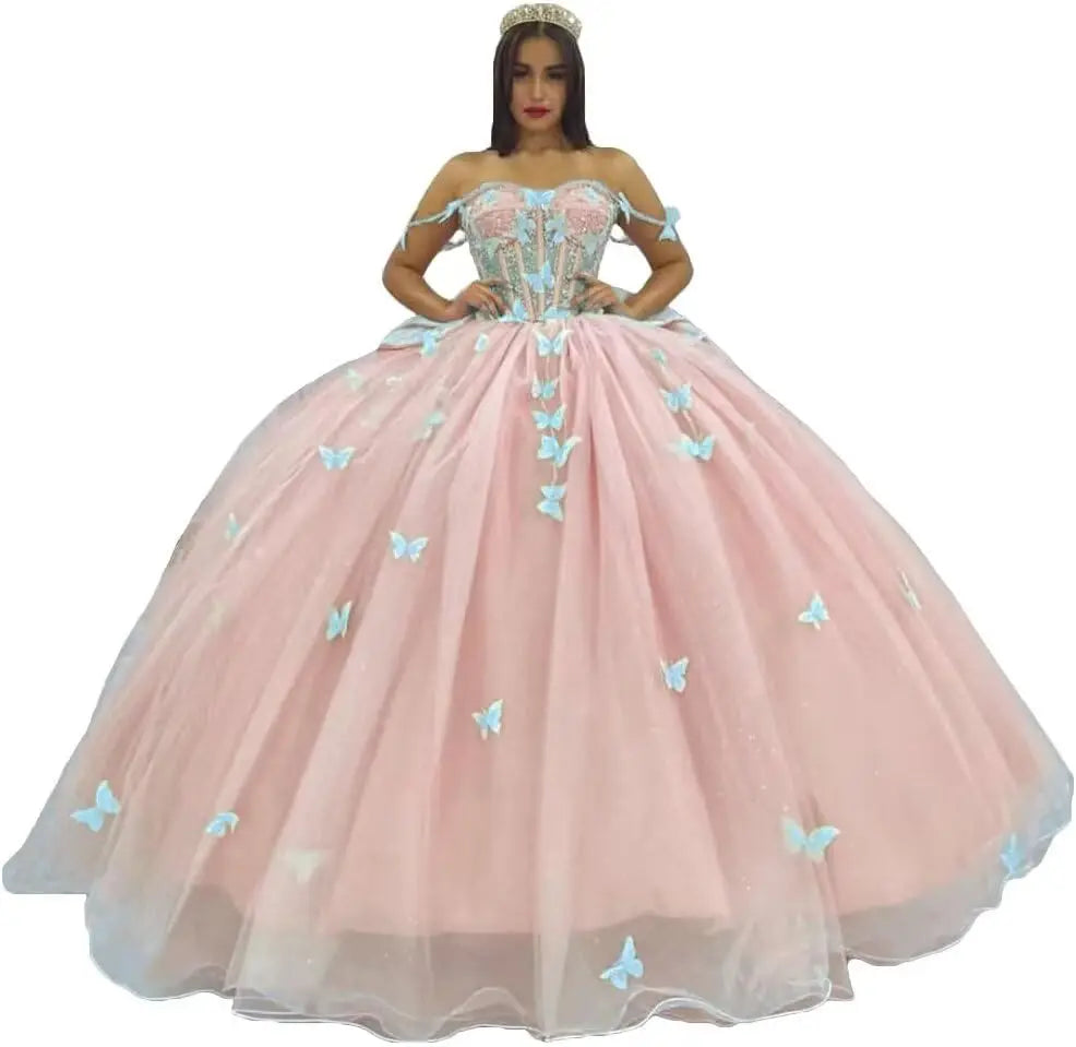 3D Butterfly Quinceanera Dress with Bow Train Spaghetti Strap Sweet 15 16 Ball Gowns Sparkly Vestido De 15 Años